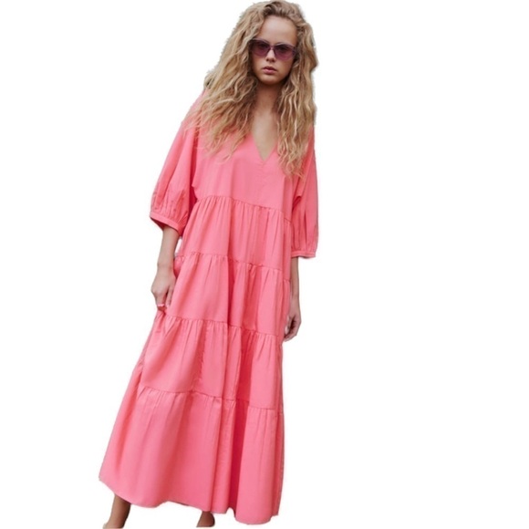 ZARA Tiered Poplin Pink Dress Medium - Picture 1 of 6